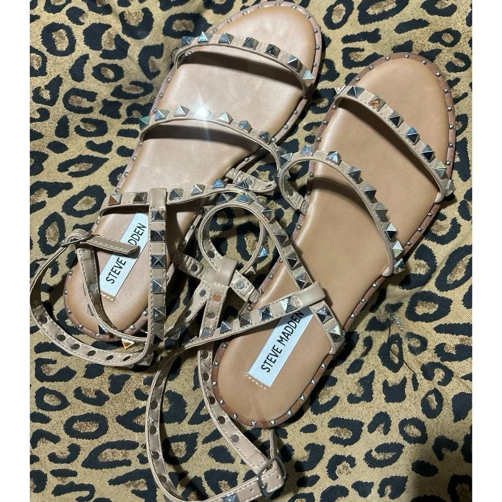 Steve Madden Women's Beige Travel‎ Studded Ankle Wrap Sandals, Size 8